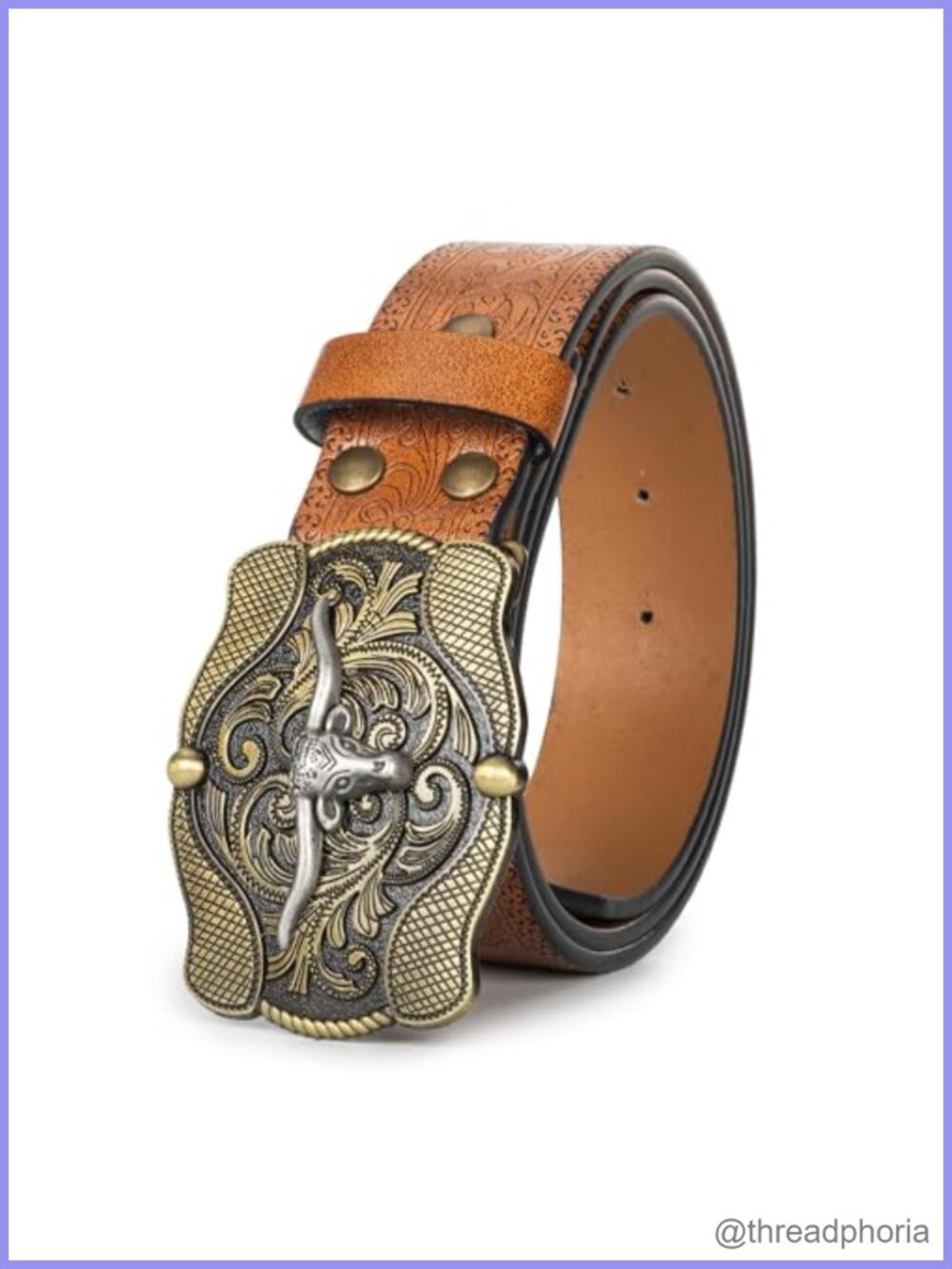 Western PU-Leather Cowboy Buckle Belt Floral Longhorn Bull Jeans Belt